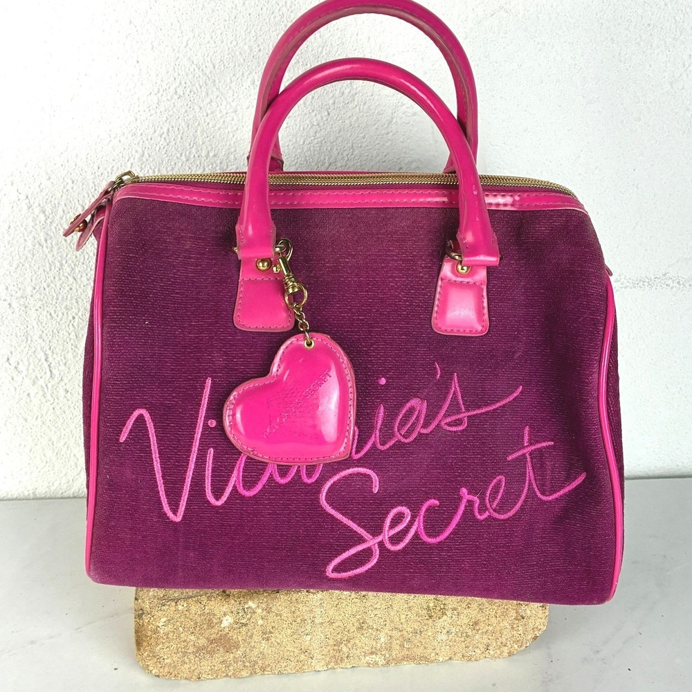 Victoria's Secret Purple Velour Satchel Bag - OS - Y2K Heart Charm Logo Glam